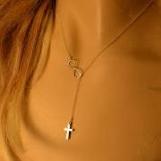 Tiny Sterling Silver Cross Necklace. Sterling Silver Infinity Necklace-Lariat.