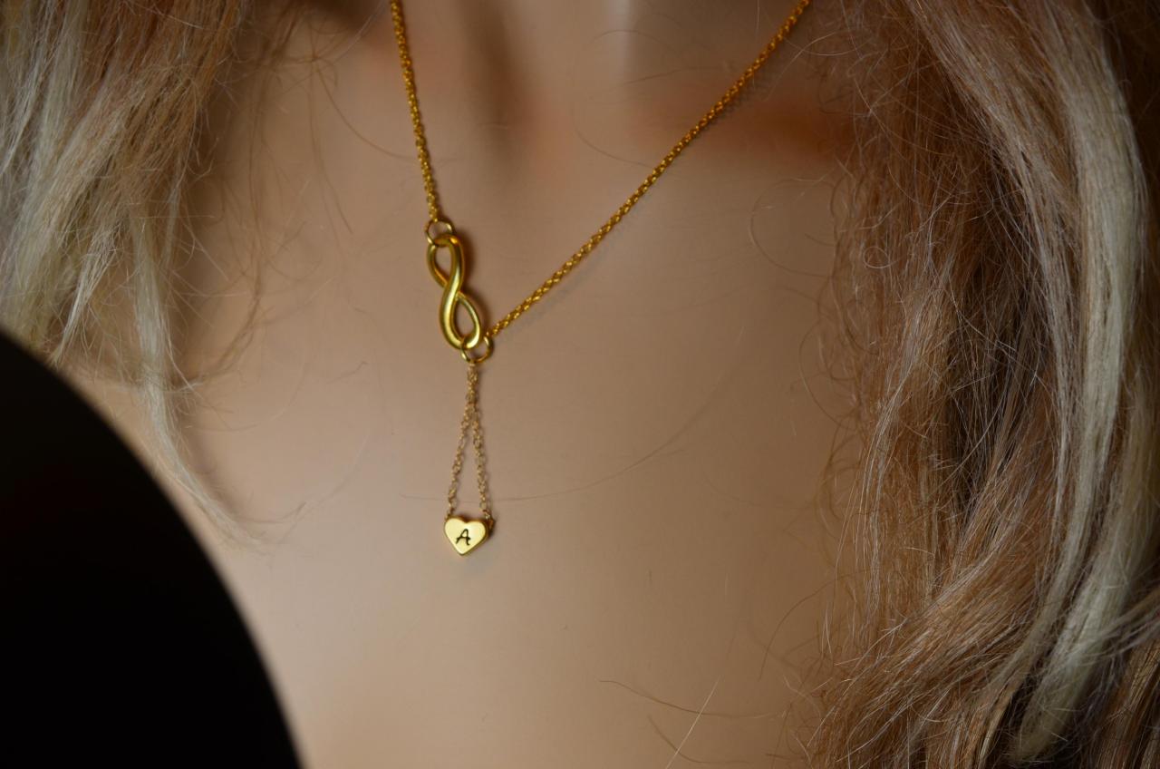 Personalized Gold Filled Infinity And Gold Plated Heart Lariat On Gold Filled Charm.