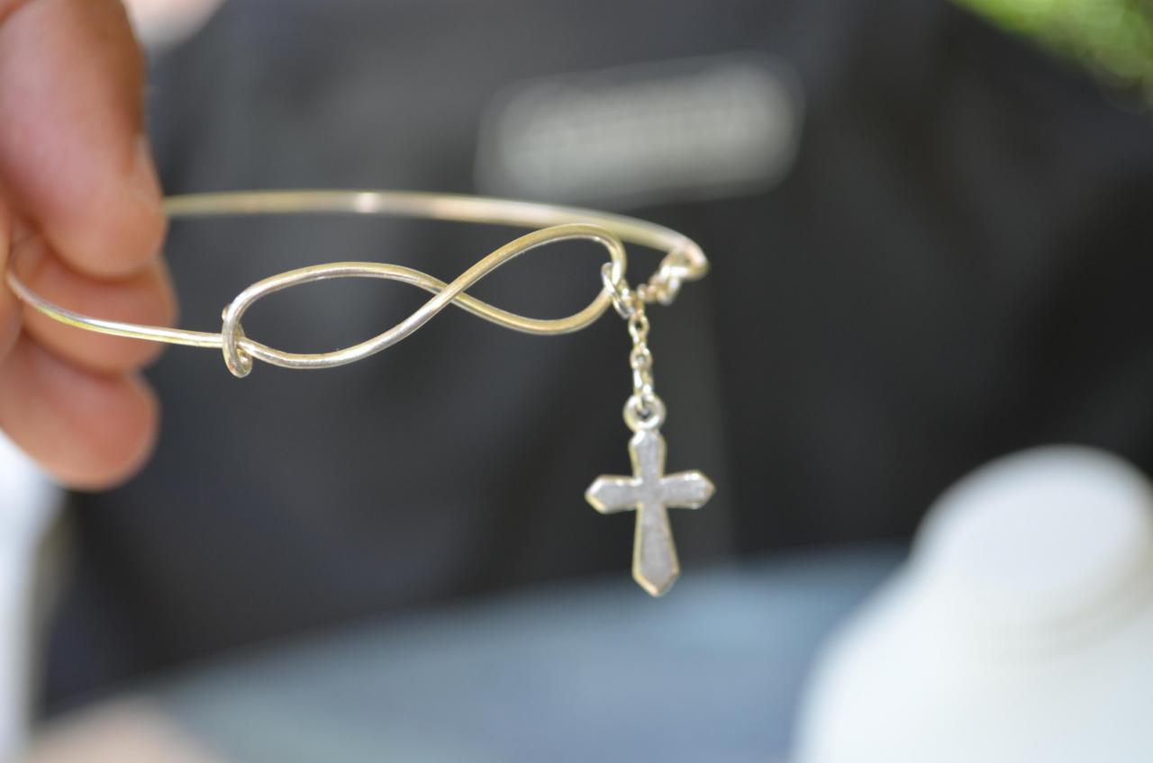 . Silver Or Gold Infinity And Tiny Silver Or Gold Cross Bangle Bracelet